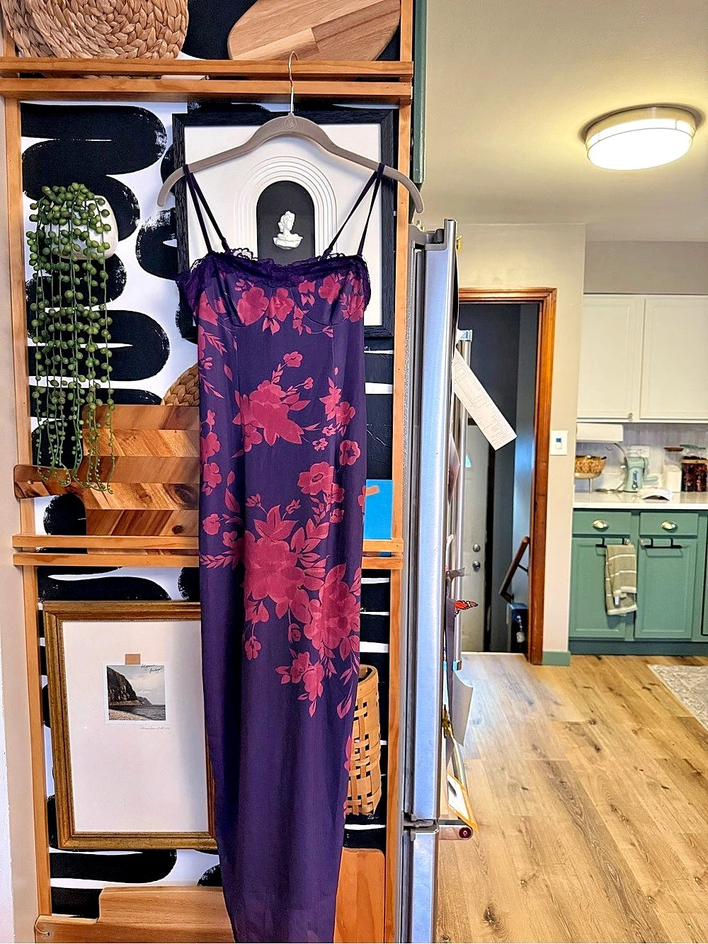 Commense Purple Floral Mesh Maxi Dress, Lace Trim, Lace-Up Corset Back, Size S